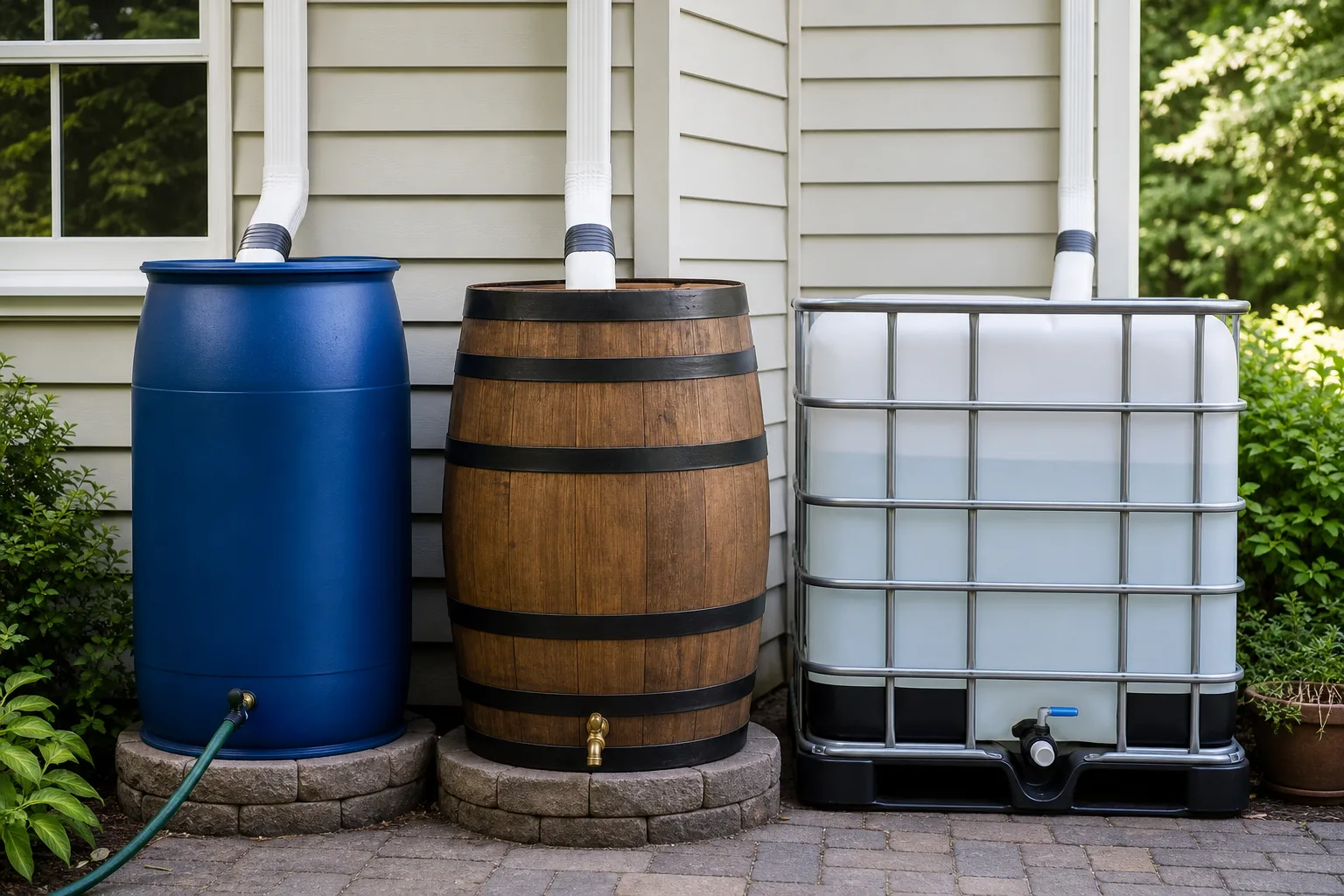 How to Choose and Size Rain Barrels for Your Gutters — three different rain barrel styles side by side on a residential patio, plastic barrel, wooden barrel, and recycled food-grade container, close-up product comparison, outdoor natural light