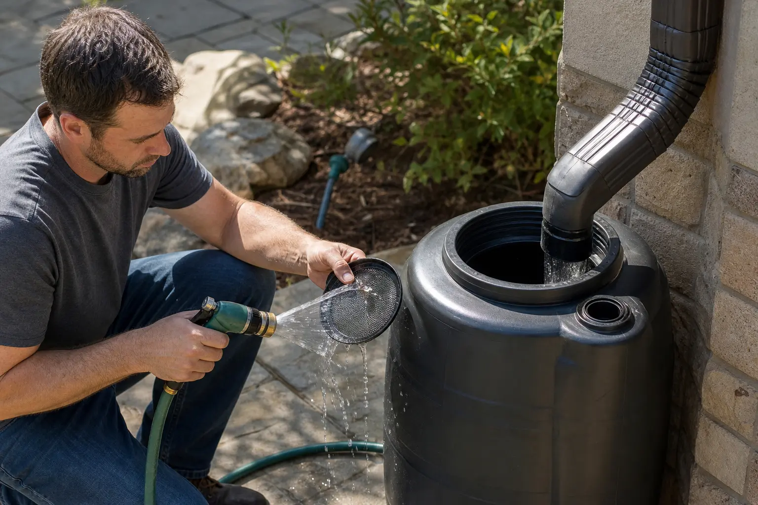 Maintenance and Seasonal Care for Rain Barrel Systems — homeowner kneeling beside a rain barrel on a residential patio, removing and rinsing a fine mesh inlet screen, green garden hose nearby, sunny afternoon lighting, close-up detail of barrel top and screen