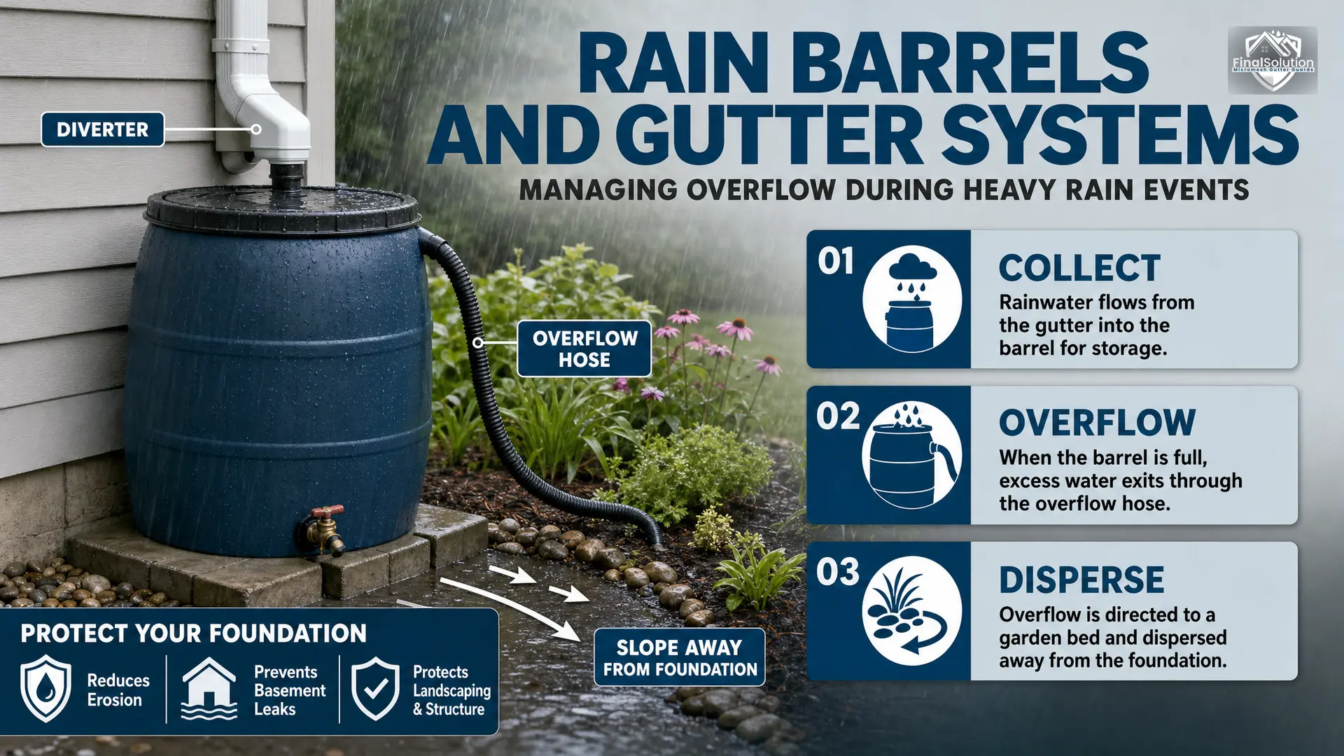 Managing Overflow During Heavy Rain Events — infographic: rain barrel overflow management — diagram showing barrel with diverter at downspout, overflow hose directed to garden bed, slope arrows indicating ground grade away from foundation, labeled steps: Collect, Overflow, Disperse